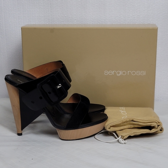 Sergio Rossi Suede Leather Buckle Wood Platform Cone Heels Slides Sandals Sz 37 - Picture 3 of 15